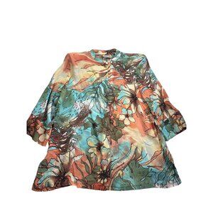 90s 46th Street Miami FLA Womens Button Front Top XL Floral Sheer Shoulder Pads